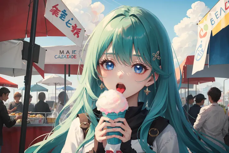 masterpiece, best quality, ultra detailed, highres, extremely detailed CG unity 8k wallpaper, perfect lighting, 1girl, detailed face, 
emerald hair,  long hair, wind effect, shiny skin, clothes detailed, round eye, open mouth,  
blue sky, cloud, village in fastival, A girl with her eyes shining on cotton candy at a food stall), big cotton candy, grinding,  eating,