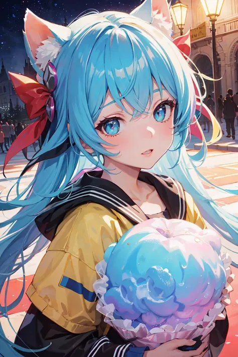 (masterpiece), best quality, high resolution, extremely detailed, detailed background, perfect lighting, (colorful, vivid color:1.4), outdoor, 1girl, long hair, A girl with her eyes shining on cotton candy