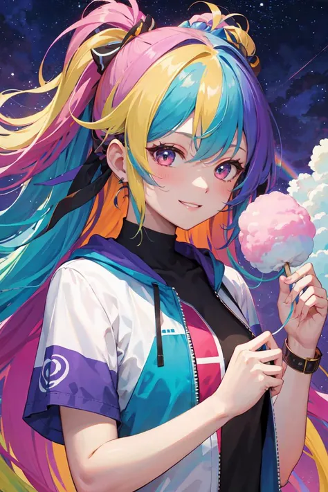 (masterpiece), best quality, high resolution, extremely detailed, detailed background, perfect lighting, (colorful, vivid color:1.4), 1girl, rainbow hair, cotton candy cloud, sky, smile