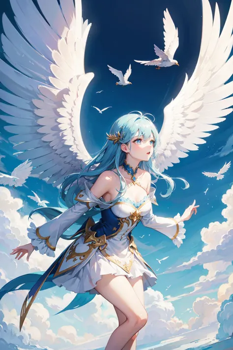 ((best quality, masterpiece, absurdres)) Wings of Wonder, Close-up, Pastel, (Blue:1.1), 1 Girl, Majestic Feathered Wings, Whimsical Background, Soft Lighting, Graceful Poses, Fantasy Attire