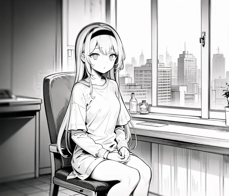 <lora:Hatsu2-10:1>, <lora:animeLineartMangaLike_v30MangaLike:1>, monochrome, greyscale, lab, black hairband, long hair, chair, sitting, chained wrists