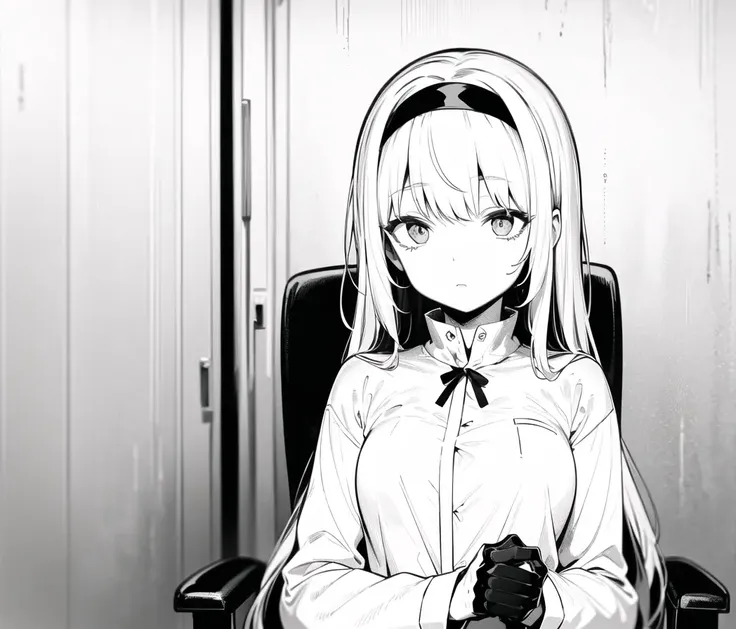 <lora:Hatsu2-10:1>, <lora:animeLineartMangaLike_v30MangaLike:1>, monochrome, greyscale, lab, black hairband, long hair, chair, sitting, chained wrists