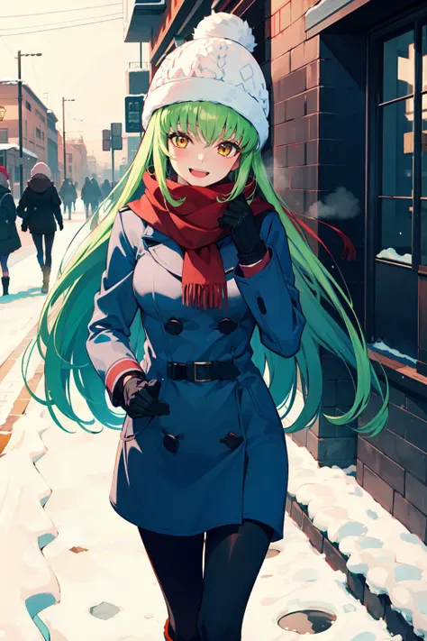 1girl, <lora:Code Geass - C.C. @ c.c.:0.7>, c.c. large breasts, green hair, yellow eyes, standing, very long hair, (happy, giggles:1.1), winter gloves, coat, scarf, warm hat, winter hat, (warm clothes:1.1), (winter clothes:1.15), intricate details, winter, snow, cold, cold colors,steam, outdoorswinter streets, walking, portrait