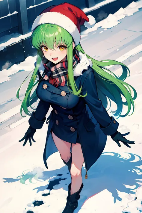 1girl, <lora:Code Geass - C.C. @ c.c.:0.7>, c.c. large breasts, green hair, yellow eyes, standing, very long hair, (happy, giggles:1.1), winter gloves, coat, scarf, warm hat, winter hat, (warm clothes:1.1), (winter clothes:1.15), intricate details, winter, snow, cold, cold colors,steam, outdoorswinter streets, walking, high angle