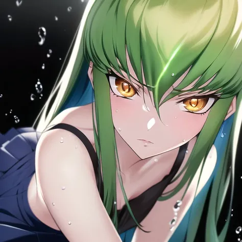 c.c.,code geass,orange eyes,green hair,best quality, masterpiece, highres, original, extremely detailed wallpaper,an extremely delicate and beautiful,1girl,solo,extremely detailed illustration, extremely detailed CG unity 8k wallpaper,{{{{by famous artist}}}, azure blue hair, beautiful, masterpiece, reflective hair, medium butt, good lighting, tanktop, {{looking at you}}, focus on face, dark blue skirt, {{{{by wadim kashin}}}}, {{{{ray tracing}}}}, {{water droplets on face}} , flowing hair, glossy hair, hair is water, {{{super detailed skin}}}, masterpiece, masterwork, detailed, unamused, good lighting, glass tint, zoom in on eyes, {{reflective eyes}}, {{hair dripping}}, water eyes, extreme close up of face,