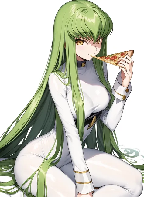 <lora:TsumasakyCCCodeGeass_v1:0.8>, c.c., wavy hair, masterpiece, code geass, very long hair, white bodysuit with long sleeves, eating pizza, holding pizza, pizza slice, pizza box, on floor, seductive smile, pizza hut,