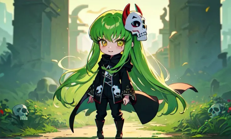 1girl, <lora:Code Geass - C.C. @ c.c.:0.7>, c.c., very long hair, grim reaper, (chibi:1.4), (reaper mage, cute, adorable:1.2),full body, golden eyes, deep green hair, color illustration, green and black outfit colors, fantasy, (shinigami mask, skull mask:1.4), bones, standing, (cheerful,:1.1) flower field, outdoors, day, daylight, (reaper mage robe:1.2), hood, leather boots, long flowing embroidered black caftan, pants, flowers, singing birds, (best quality, masterpiece:1.2), (intricately detailed:1.5), (solo:1.7)