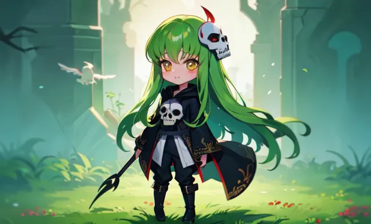 1girl, <lora:Code Geass - C.C. @ c.c.:0.7>, c.c., very long hair, grim reaper, (chibi:1.4), (reaper mage, cute, adorable:1.2),full body, golden eyes, deep green hair, color illustration, green and black outfit colors, fantasy, (shinigami mask, skull mask:1.4), bones, standing, (cheerful,:1.1) flower field, outdoors, day, daylight, (reaper mage robe:1.2), hood, leather boots, long flowing embroidered black caftan, pants, flowers, singing birds, (best quality, masterpiece:1.2), (intricately detailed:1.5), (solo:1.7)