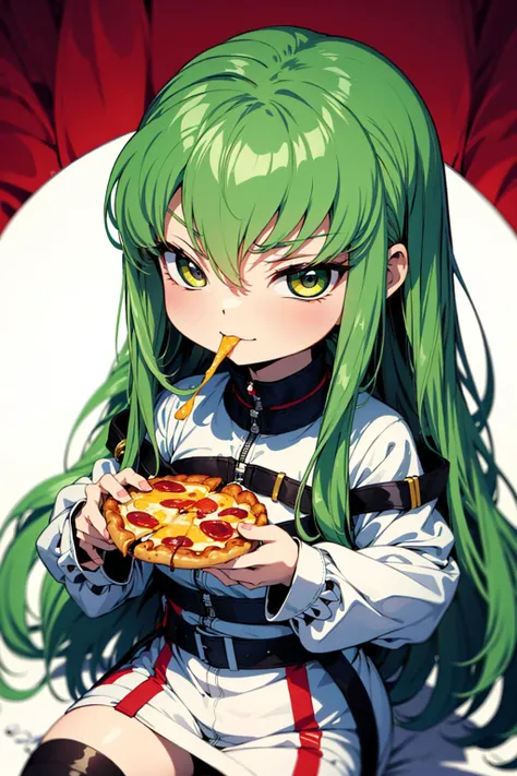 absurdres, (best quality), (masterpiece),(ultra-detailed:1.2),ultra high res,(chibi:1.5),
1girl,(smirk:1.1),
eating,pizza,eating pizza,drooping,melting pizza,melting cheese,
<lora:Code Geass - C.C. @ c.c.-000010:0.9> c.c.,(white Straitjacket:1.4) ,green hair,long sleeves,black belt,
<lora:flat2:-0.3>, <lora:LowRa:0.1> ,