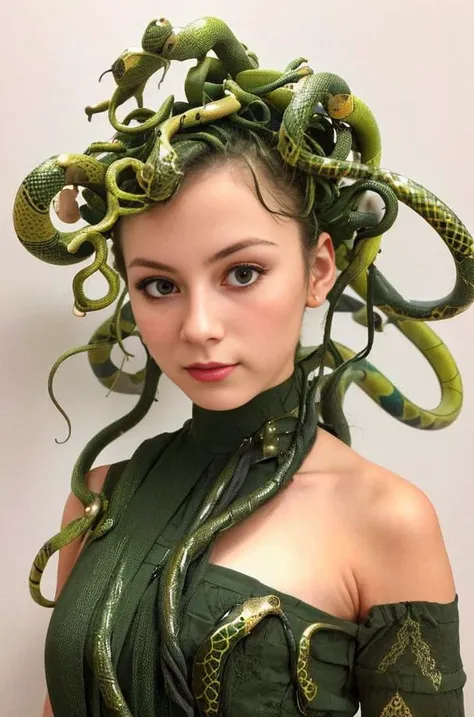 MedusaHead, camera photo, <lora:MedusaHead:0.85>, masterpiece, best quality, 1girl, solo, beautiful face, ((sfw)), masterpiece, best quality, camera photo, realistic, ultra-detailed, detailed skin, Japanese girl, green snake hair
