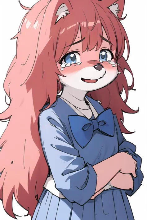 <lora:fur_chan v2.5:1>, (furry), nuzzle, furchan, long hair, pink hair, body fur, white shirt, blue skirt, bow, smile, upper body, looking at viewer, white background, tears, smiling, smile, blushing