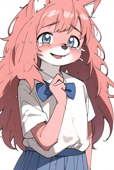 <lora:fur_chan v2.5:1>, (furry), nuzzle, furchan, long hair, pink hair, body fur, white shirt, blue skirt, bow, smile, upper body, looking at viewer, white background, tears, smiling, smile, blushing