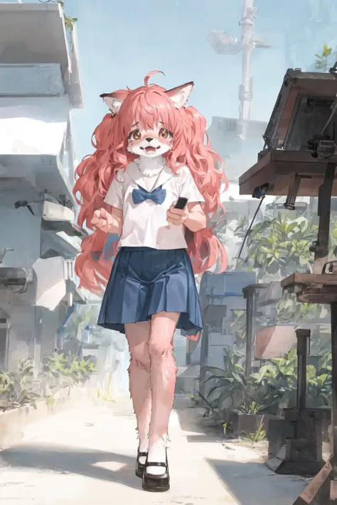 furchan, animal ears, medium hair, pink hair, body fur, tail, white shirt, blue skirt, bow, mary janes, walking, crying, alley, <lora:fur_chan v2.5-000002:1>