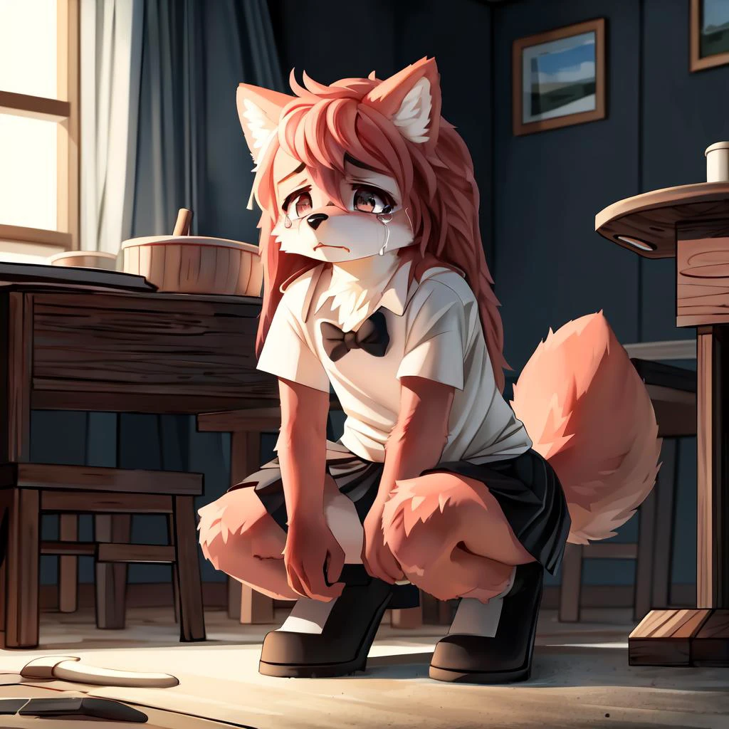 (furchan:1.1), (long hair, pink hair, body fur, tail), 1girl, female, <lora:fur_chan v2.5:1>, white shirt, broken blue skirt, bow, (crouching:1.1), (crying, sad), (kemono:1), full body, young, short, (small ), (detailed background:1.1), (intricate:0.7), (high detail:1.3), (soft focus:1.15), (masterpiece, best quality, 4k, 2k, flat color, absurd res), <hypernet:crosskemonoFurryModel_furryKemonoPt:0.2>