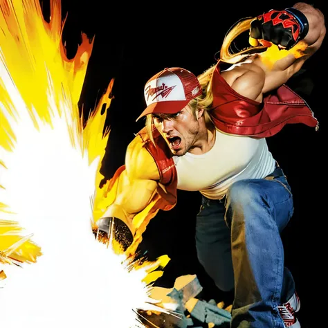 TerryBogard,red trucker cap. blonde hair, ponytail, red vest, fingerless gloves, white sleeveless t-shirt, belt, denim pants, red sneakers, looking at viewer, serious, mouth open, yelling,
action shot,arm raised, explosion, fire around arm, fire spell, dynamic lighting, dark background, extreme detail, hdr, <lora:TerryBogardv2-stasis:.8>