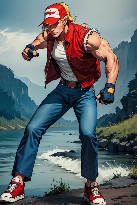 terrybogard, 1guy, red vest, blonde hair, ponytail, red trucker cap, white sleeveless shirt, denim jeans, belt, fingerless gloves, red sneakers, detailed eyes, detailed face, ((masterpiece, highres, perfect picture)), at the river, fighting stance, (detailed:1.2), atmospheric <lora:TerryBogardv2-stasis:1>
