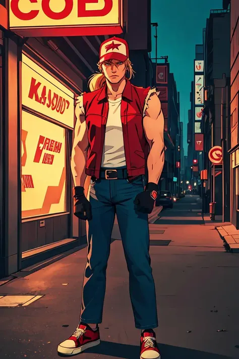 terrybogard, 1guy, red vest, blonde hair, ponytail, red trucker cap, white sleeveless shirt, denim jeans, belt, fingerless gloves, red sneakers, detailed eyes, detailed face, ((masterpiece, highres, perfect picture)), city at night, streets, neon, crossed arms, (detailed:1.2), atmospheric, <lora:TerryBogardv2-stasis:0.8>