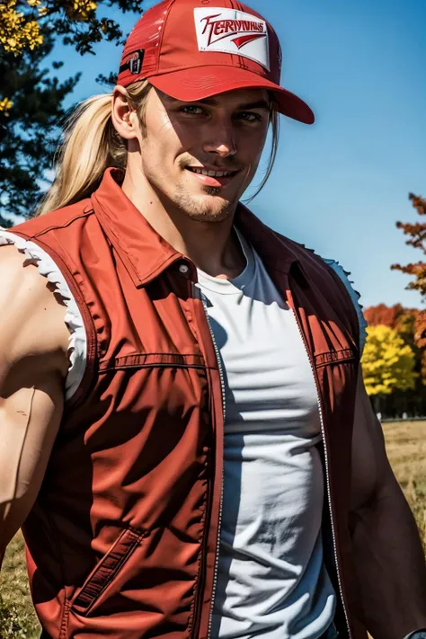 TerryBogard,red trucker cap. blonde hair, ponytail, red vest, fingerless gloves, white sleeveless t-shirt,  looking at viewer, serious, smiling, close up, 
arm raised, flexing, outside, blue sky, trees, autumn, extreme detail, hdr,  <lora:TerryBogardv2-stasis:.8>