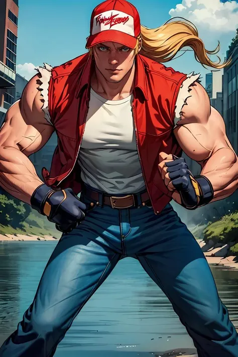 terrybogard, 1guy, red vest, blonde hair, ponytail, red trucker cap, white sleeveless shirt, denim jeans, belt, fingerless gloves, red sneakers, detailed eyes, detailed face, ((masterpiece, highres, perfect picture)), at the river, fighting stance, (detailed:1.2), atmospheric <lora:TerryBogardv2-stasis:1>