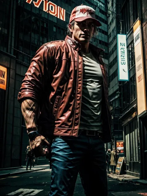 8k UHD, Photo by Nikon camera, masterpiece, (<lora:TerryBogardv2-stasis:1> terrybogard, red jacket, blue jeans, red and white hat), watching viewer, 8k unreal engine render, tech armor, technological city full of neons, action shot, detailed eyes, very vivid lighting, detailed, (vibrant, photo realistic, realistic, dramatic, dark, sharp focus), <lora:Cyberpunk_style:0.65> Cyberpunk Style, <lora:add_detail:0.8>, <lora:hotarublurbk_v100:-1>