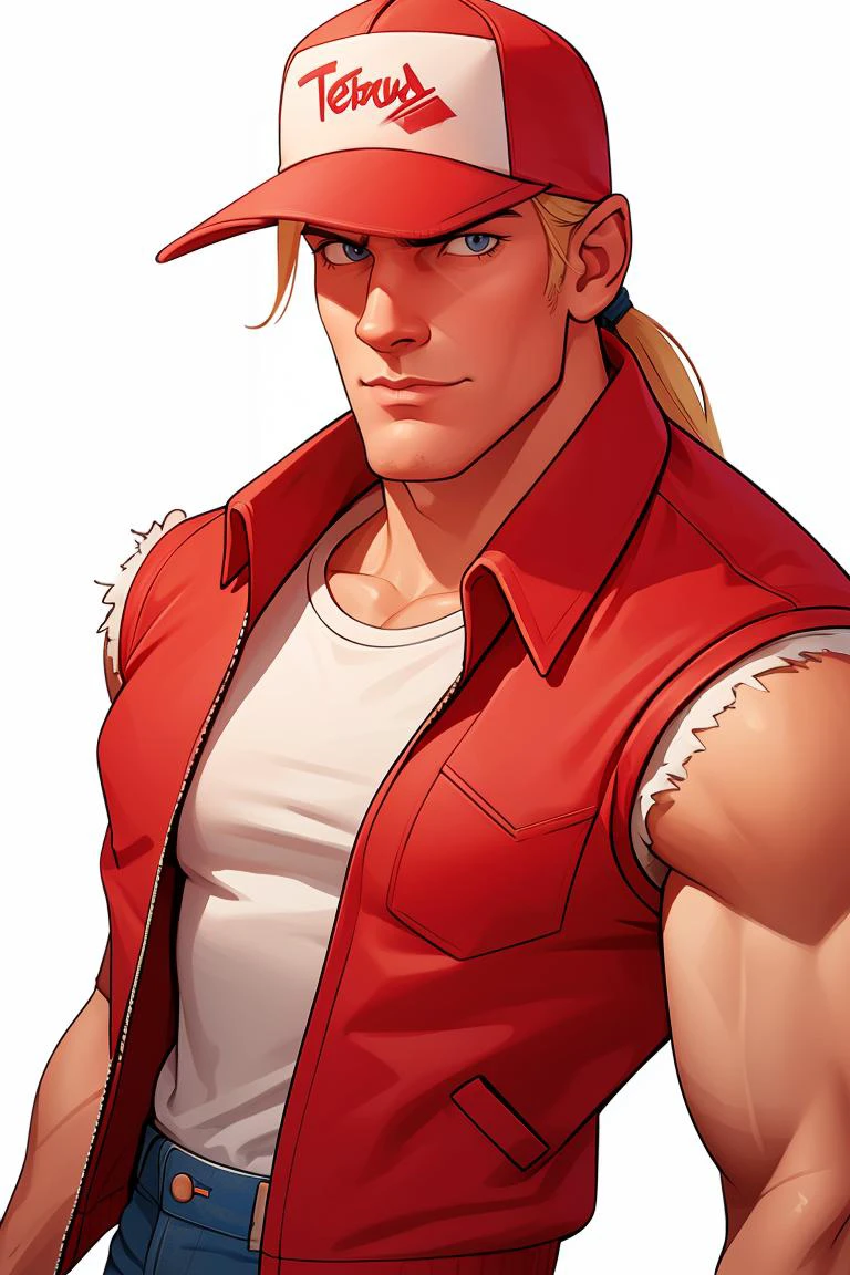 portrait caricature,masterpiece, best quality,solo, 1man<lora:TerryBogardv2-DrStasis:0.8>,terrybogard,male focus, simple background,  <lora:aji1-portrait caricature style_v1.0:0.8>,upper body, red vest, blonde hair, ponytail, red trucker cap, white sleeveless shirt, denim jeans,