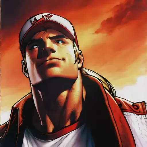 Absurdres, portrait of TerryBogard, 32K Resolution, Sharp, Detailed, Gorgeous Art, Realistic Lighting, Golden Hour, 1boy, dark scene, Up close comic art, Heroic Pose, (Red truck cap), (blonde ponytail), ( red sleeveless jacket), (white sleeveless t-shirt) Smiling, athletic muscular lean male, Clouds in the sky, Low Angle Shot, Looking Up, <lora:terryBKOF_1:1> <lora:jimLeeDCComicsMarvel_offset:1><hypernet:samdoesartsHypernetwork_v422500Steps:0.058>