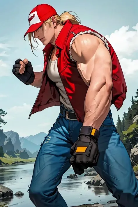 terrybogard, 1 chico, Red Waistcoat, by rubio, Horse tail, Red trucker cap, White sleeveless shirt, jeans, belt, Gloves without fingers, Red shoes, detailed eyes, detailed face, ((Masterpiece, high resolution, Perfect picture))
