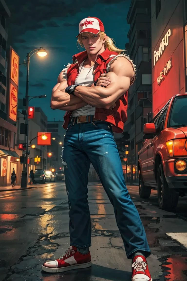 terrybogard, 1guy, red vest, blonde hair, ponytail, red trucker cap,  white sleeveless shirt, denim jeans, belt, fingerless gloves, red sneakers, detailed eyes, detailed face, ((masterpiece, highres, perfect picture)), city at night, streets, neon, crossed arms, (detailed:1.2), atmospheric, <lora:TerryBogardv2-stasis-000003:1>