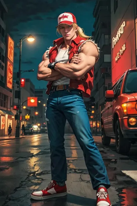 terrybogard, 1guy, red vest, blonde hair, ponytail, red trucker cap, white sleeveless shirt, denim jeans, belt, fingerless gloves, red sneakers, detailed eyes, detailed face, ((masterpiece, highres, perfect picture)), city at night, streets, neon, crossed arms, (detailed:1.2), atmospheric, <lora:TerryBogardv2-stasis-000003:1>