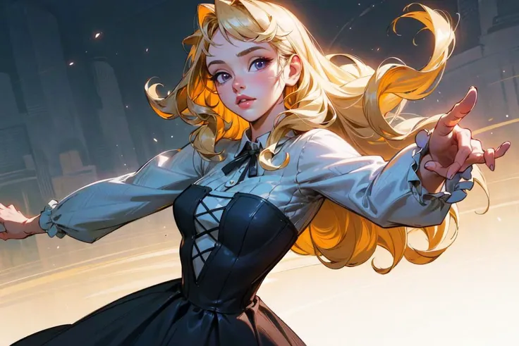 (AuroraWaifu:1), (blue dress, long skirt:1.0), ((purple eyes)), cartoony facial features, large round eyes, (long blonde curly hair), (dress:1.2), (realistic:1.2),  (masterpiece:1.2), (full-body-shot:1),(Cowboy-shot:1.2), light particles, cottage background, dark romantic lighting, (highly detailed:1.2),(detailed face:1.2), (gradients), colorful, detailed eyes, (detailed landscape:1.2), (natural lighting:1.2),(detailed background),detailed landscape, (dynamic pose:1.2), wide shot, solo, 1girl, <lora:Aurora_character-20Re:0.4> <lora:add_detail:0.3> <lora:hipoly3DModelLora_v10:0.05>  <lora:RSERomantic_RSESofiko_RSEEmma-v1:0.1>