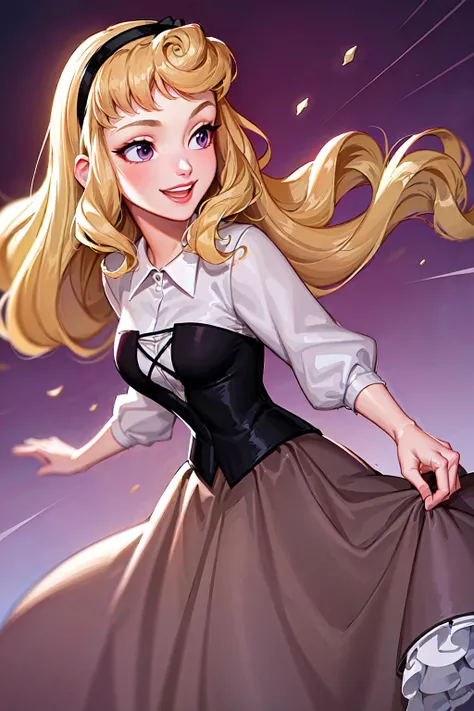 <lora:Aurora_character:0.6> AuroraWaifu, (purple eyes), (dress, long skirt, corset, hairband), 1girl, smile, pink rose, masterpiece, best quality, (dynamic angle:1.2), (rule of third_composition:1.3), (Line of action:1.2),
