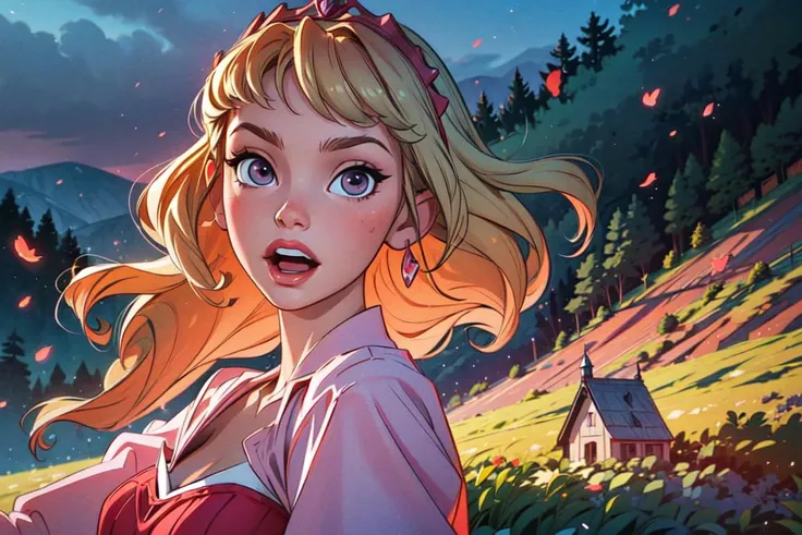 (AuroraWaifu:1), (pink dress, long skirt, tiara:1.0), ((purple eyes)), cartoony facial features, large round eyes,(hot-pink dress:1.0), long blonde hair, (dress:1.2), (realistic:1.2), (masterpiece:1.2), (full-body-shot:1),(Cowboy-shot:1.2), light particles, castle background, dark romantic lighting, (highly detailed:1.2),(detailed face:1.2), (gradients), colorful, detailed eyes, (detailed landscape:1.2), (natural lighting:1.2),(detailed background),detailed landscape, (dynamic pose:1.2), wide shot, solo, <lora:Aurora_character-20Re:0.4> <lora:add_detail:0.3> <lora:hipoly3DModelLora_v10:0.05> <lora:RSERomantic_RSESofiko_RSEEmma-v1:0.1>