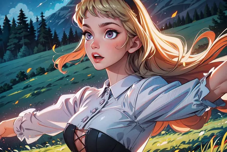 (AuroraWaifu:1), (dress, long skirt, corset, hairband:1.0), ((purple eyes)), cartoony facial features, large round eyes, long blonde hair, (dress:1.2), (realistic:1.2), (masterpiece:1.2), (full-body-shot:1),(Cowboy-shot:1.2), light particles, cottage background, dark romantic lighting, (highly detailed:1.2),(detailed face:1.2), (gradients), colorful, detailed eyes, (detailed landscape:1.2), (natural lighting:1.2),(detailed background),detailed landscape, (dynamic pose:1.2), wide shot, solo, <lora:Aurora_character-20Re:0.4> <lora:add_detail:0.3> <lora:hipoly3DModelLora_v10:0.05> <lora:RSERomantic_RSESofiko_RSEEmma-v1:0.1>