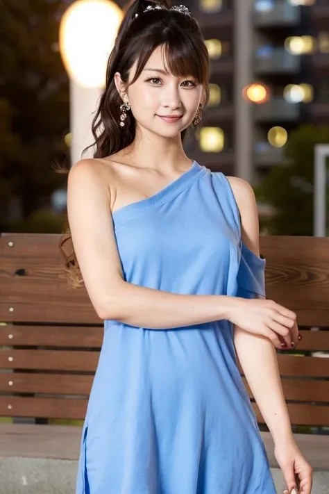 1girl, (wearing an one shoulder dress:1.6),(RAW photo, best quality), (realistic, photo-realistic:1.4), masterpiece, an extremely delicate and beautiful, extremely detailed, 2k wallpaper, Amazing, finely detail, extremely detailed CG unity 8k wallpaper, ultra-detailed, highres, soft light, beautiful detailed girl, extremely detailed eyes and face, beautiful detailed nose, beautiful detailed eyes,cinematic lighting,(in the city at night:1.8),perfect anatomy,slender body,smiling,(close up:1.4),(look at viewer),(front view:2.0),cinematic angle,(cleavage:0.8),(wavy hair),(brown eyes:1.2), <lora:akina_lora-02:0.8>