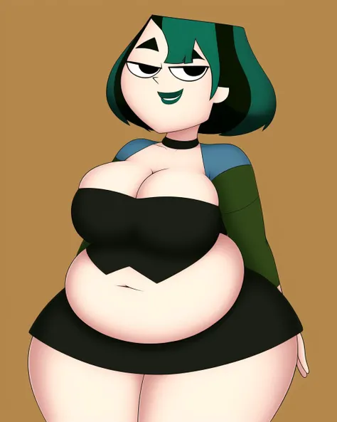 tdigwen, best quality, masterpiece, 1girl, solo, (ussbbw:1.1), art from total drama island, wide hips, massive thighs, apron belly