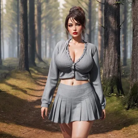 outdoors walking in the woods, voluptuous Scandinavian brunette housewife, large breasts, curvy hips, (ponytail:1.2), wearing <lora:c4rdpl34t3d:0.75> c4rdpl34t3d, full body, grey pleated skirt, grey cardigan, knee highs dark eye makeup, pouty red lips, detailed skin texture, (blush:0.5), (goosebumps:0.5), subsurface scattering,
