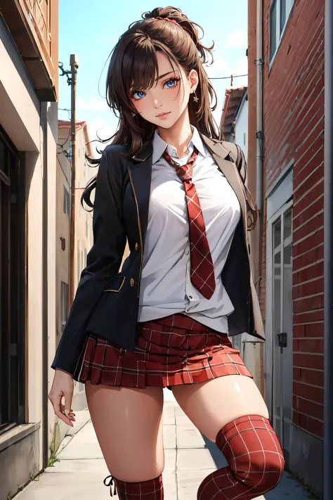 (masterpiece, best quality, ultra detailed, absurdres:1.5), 1girl, (sexy, beautiful woman, perfect face, perfect eyes, perfect female body, medium breasts:1.5), (sch00ll3gw4rm, jacket, necktie, plaid skirt, (plaid leg warmers), loafers, long hair, [blonde|black|brown] hair, bangs, <lora:sch00ll3gw4rm:0.7>), (standing, outdoors, college campus, university campus), perfect lighting, smooth, hdr