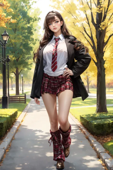 (masterpiece, best quality, ultra detailed, absurdres:1.5), 1girl, (sexy, beautiful woman, perfect face, perfect eyes, perfect female body, medium breasts:1.5), (sch00ll3gw4rm, jacket, necktie, plaid skirt, (plaid leg warmers), loafers, long hair, [blonde|black|brown] hair, bangs, <lora:sch00ll3gw4rm:0.7>), (standing, outdoors, college campus, university campus), perfect lighting, smooth, hdr