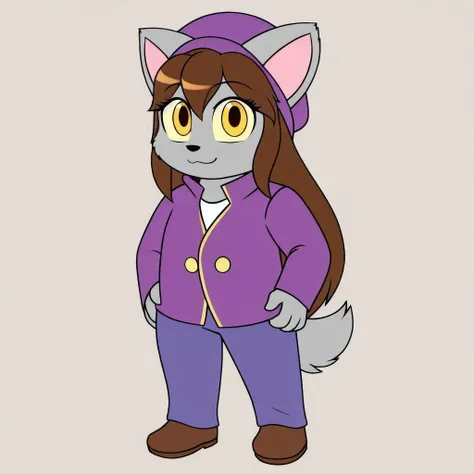 <lora:takayuki-20:0.7>
masterpiece, 1girl, solo, female,
takayuki, grey fur, yellow eyes, brown hair, long hair,
purple jacket, purple hat, blue pants,
standing on 2 legs,