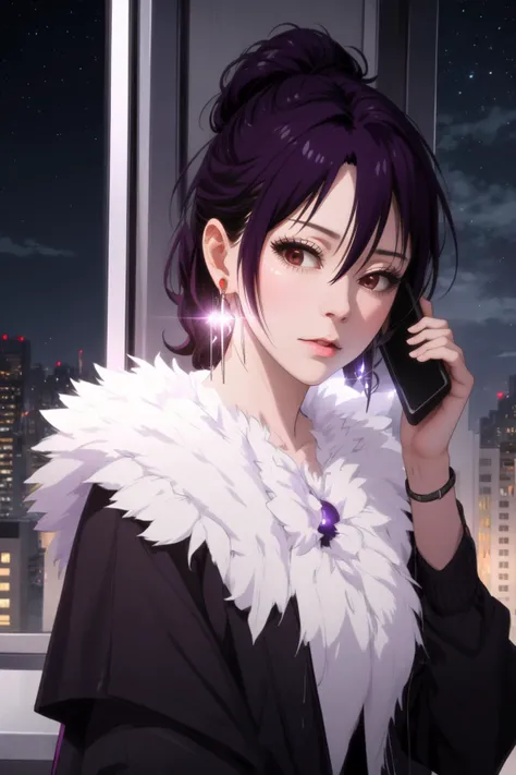 masterpiece, best quality, beautiful, Mature female, talking on phone, iphone15pro, perfect hands, <lora:hana-nisekoi:0.8>, hana kirisaki, jewelry, earrings, upper body <lora:talking_on_phone_holding:0.8> window, skyline, night, starry sky, purple hair, looking at viewer, <lora:GoodHands-beta2:1>   <lora:age_slider_v1:-.35>