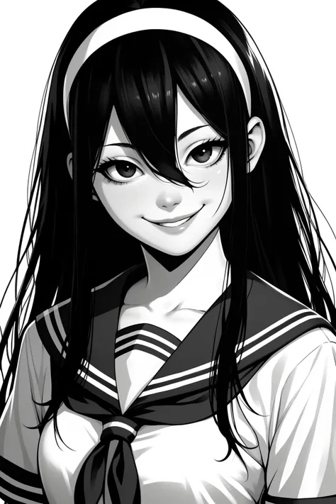 score_9, score_8_up, score_7_up, score_6_up, score_5_up, score_4_up, DianaKSXL, monochrome, greyscale, black eyes, hair band, black hair, long hair, sidelocks, hair between eyes, medium breasts, school uniform, serafuku, white shirt, short sleeves, sailor collar, neckerchief, solo, front view, (portrait, upper body), solo focus, seductive smile, looking at viewer, white background  <lora:DianaKSXL:0.8>