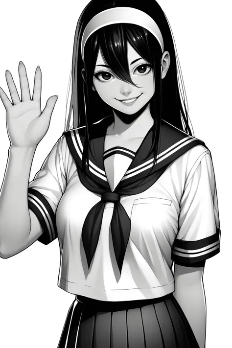 score_9, score_8_up, score_7_up, score_6_up, score_5_up, score_4_up, DianaKSXL, monochrome, greyscale, black eyes, hair band, black hair, long hair, hair between eyes, medium breasts, school uniform, serafuku, white shirt, short sleeves, sailor collar, neckerchief, pleated skirt, skirt, socks, loafers, solo, standing, waving, seductive smile, looking at viewer, white background  <lora:DianaKSXL:0.8>