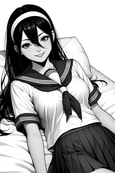 score_9, score_8_up, score_7_up, score_6_up, score_5_up, score_4_up, DianaKSXL, monochrome, greyscale, black eyes, hair band, black hair, long hair, sidelocks, hair between eyes, medium breasts, school uniform, serafuku, white shirt, short sleeves, sailor collar, neckerchief, pleated skirt, skirt, socks, solo, lying on bed, lying on behind, seductive smile, looking at viewer, white background  <lora:DianaKSXL:0.8>