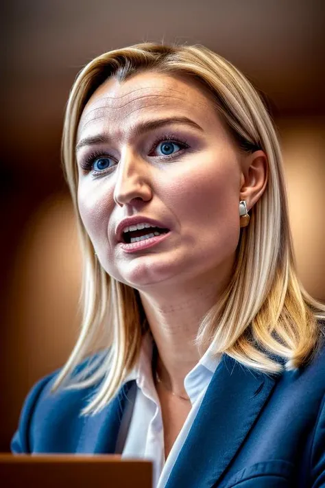 (masterpiece) (high quality) (professional) (realistic) portrait of Ebba Busch holding a falu korv during a speech <lora:Ebba_Busch_vng:1> (HDR) (half portrait composition)