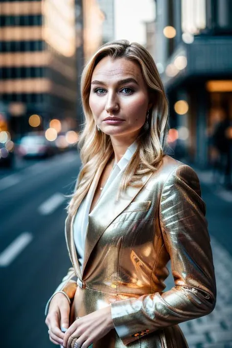 (masterpiece) (high quality) (professional) (realistic) portrait of Ebba Busch wearing formal dress suit <lora:Ebba_Busch_vng:1> standing in the middle of the city during golden hour, (HDR) (half portrait composition), exquisite details