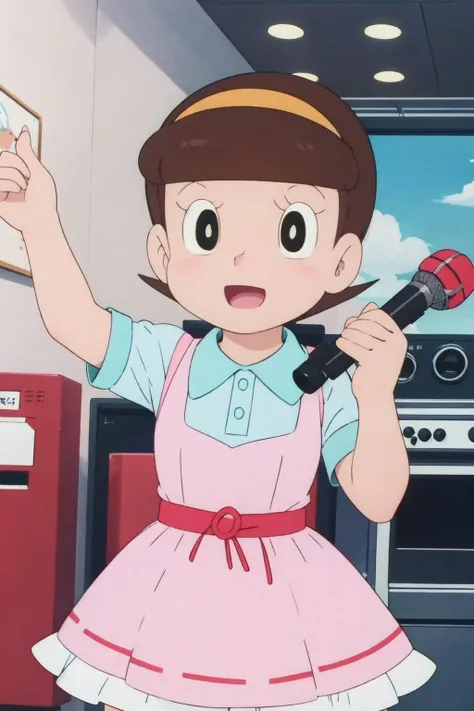 <lora:PMhoshinosumire:1>,hoshinosumire,child,petite,retro artstyle,1980s \(style\),1990s \(style\),idol,singing,stage,looking_at_viewer,dress,:d,