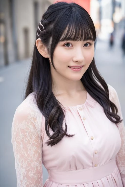 1girl, (wearing a light pink cotton dress:1.4),(RAW photo, best quality), (realistic, photo-realistic:1.4), masterpiece, an extremely delicate and beautiful, extremely detailed, 2k wallpaper, Amazing, finely detail, extremely detailed CG unity 8k wallpaper, ultra-detailed, highres, soft light, beautiful detailed girl, extremely detailed eyes and face, beautiful detailed nose, beautiful detailed eyes,cinematic lighting,(in the city:2.0),perfect anatomy,slender body,smiling,(close up:2.0),(look at viewer),(front view:2.0),cinematic angle,(wavy long hair), (brown eyes:1.6), <lora:uchiyamayurina_lora-01:0.8>