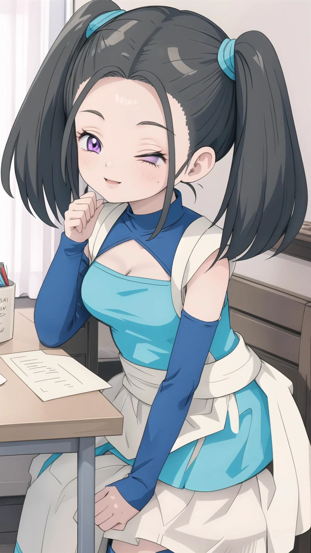 <lora:Bouquet-10:0.8> bouquet, 1girl, smile, black hair, twintails, purple eyes, large breasts, cleavage, BREAK, <lora:sleepeace:0.8> sleepeace, masterpiece, best quality, extremely detailed, highly quality, 4k, sharp focus, professional, sharp focus, award winning, cinematic lighting, octane render, unreal engine, volumetrics dtx, Wallpaper,