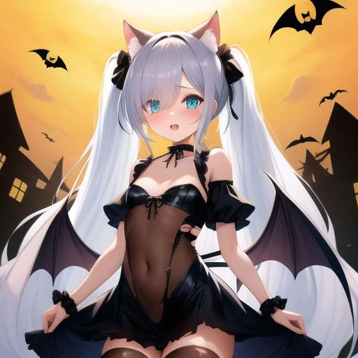 <lora:janusAzureLaneHalloweenSuccubus_janushalloween000004:1>masterpiece,1girl, solo, cat ears,twintails, hair over one eye, demon_wings,small breasts, blue_eyes, blush,open mouth, low wings, torn legwear, black thighhighs,halloween, outdoors,ruins,