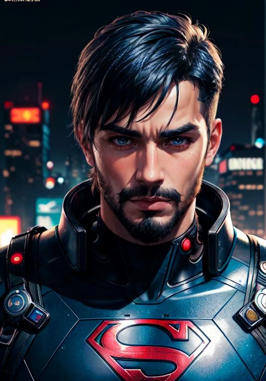 1boy, male focus, solo, facial hair, wild beard, (toned:0.1), dark [blue|black] hair, formal, looking at viewer, portrait, close up, (from above:0.9), suit, dark theme, ([cyberpunk|steampunk]:1.3), cartoon stylish, (expressive), (cybernetic:1.18), superman, toned, serious, vibrant, (colorful, thick outlines, flat color:1.12), fantasy
<lora:more_details:0.5>
